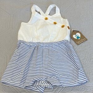 Emma’s Garden | White and Blue Striped Romper with Gold Buttons | size 12 months
